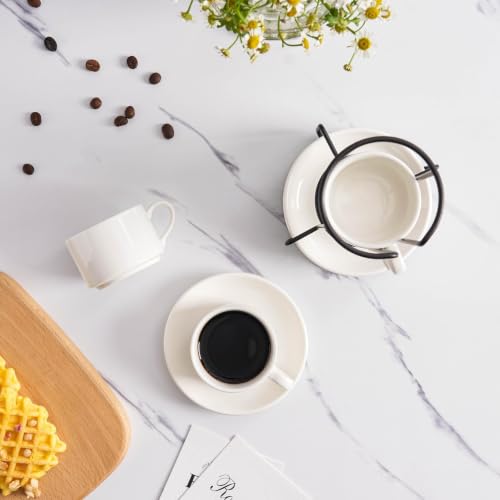 Meichu White 2.5 oz Porcelain Stackable Espresso Cups & Metal Stand Set of 4
