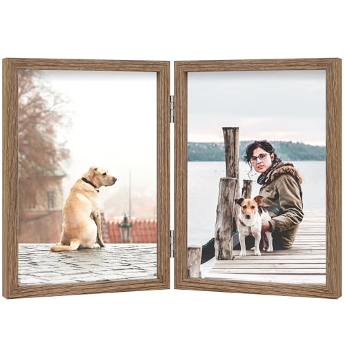FOREV 4x6 Double Picture Frame - Wooden Hinged MDF Photo Frame (Grain)