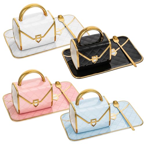 Handbag-Shaped Ceramic Coffee Mug Set with Saucers & Spoons, 10 Oz, Gift Ready
