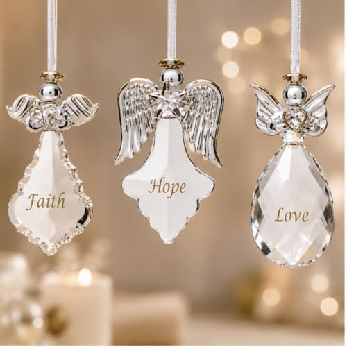 BANBERRY DESIGNS Set of 6 Crystal Angel Christmas Ornaments with Gold Faith Hope Love - Religious Holiday Decor