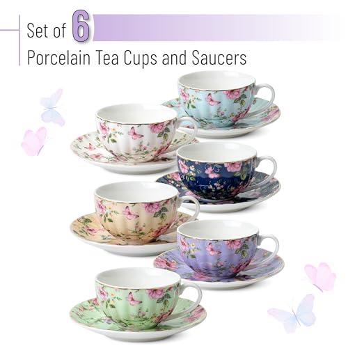 Midnight Florals Porcelain Tea Cups & Saucers Set of 6 - 7 oz, Brew To A Tea