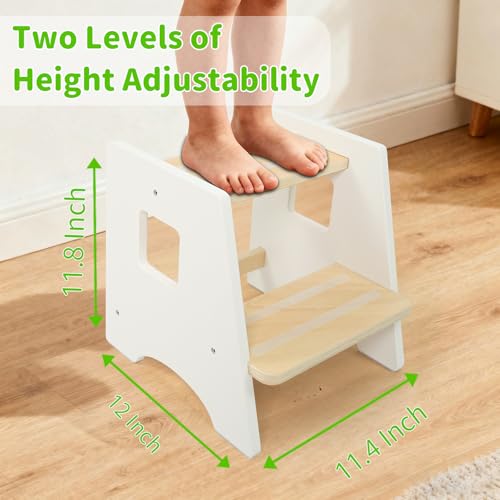 Wood City Toddler Step Stool - White & Natural Wooden 2-Step Bathroom & Kitchen Helper for Kids