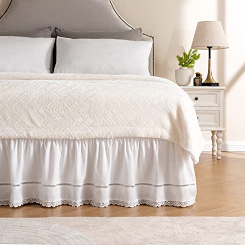 Wrap Around Ruffled Lace Bed Skirt - Elastic Dust Ruffle (15-Inch Drop, White)