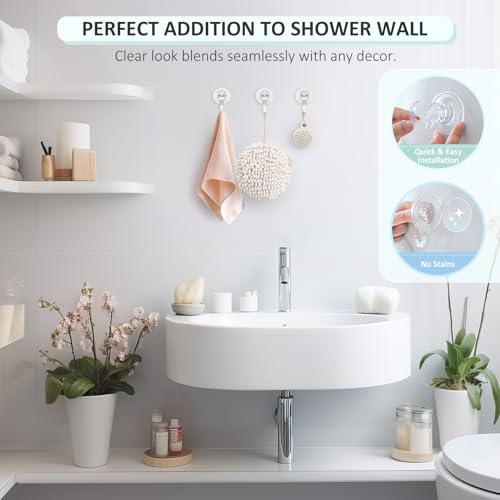 Clear Heavy Duty Suction Cup Hooks - Removable & Reusable Shower Hooks, 2 Pack
