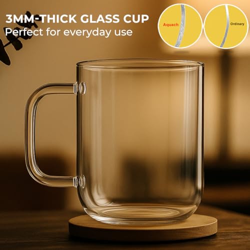 Aquach 20oz Glass Coffee Mug Set of 2 - Borosilicate Clear Drinking Cups with Handle, Microwave Safe, Large Capacity