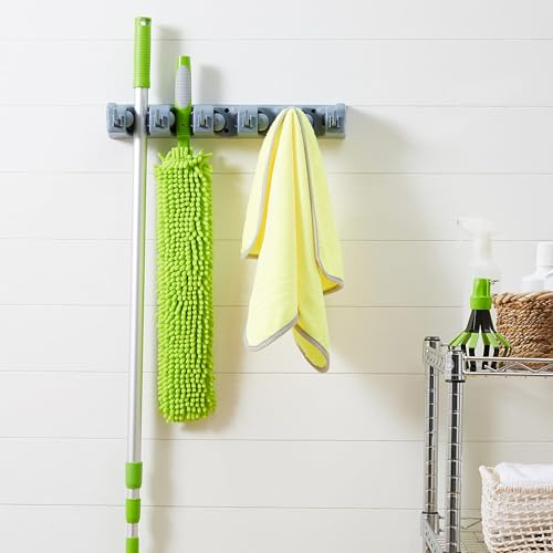 Heavy Duty Wall Mount Broom and Mop Holder with 6 Hooks and 5 Slots