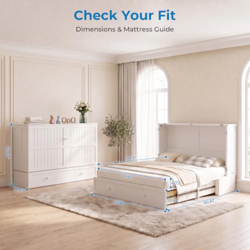 Queen Size Murphy Bed with Tri-Fold Mattress, USB Charging & Storage Drawers