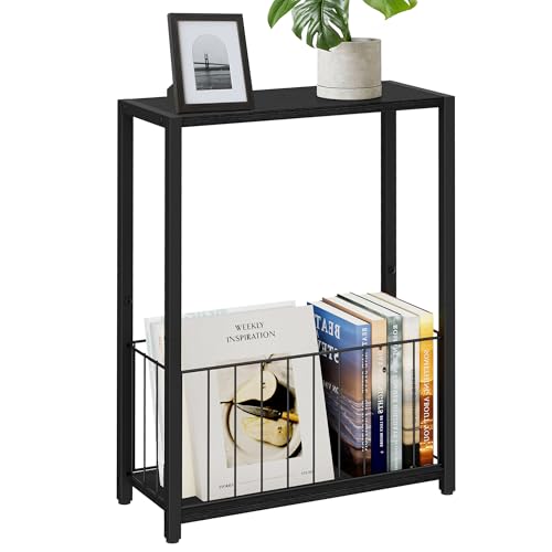 Homleke Narrow Black Side Table with Magazine Holder - Rustic End Table