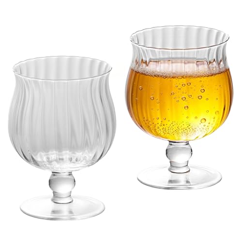 Ribbed Crystal Drinking Glasses, 8 oz Stemmed Juice Goblets Set of 2