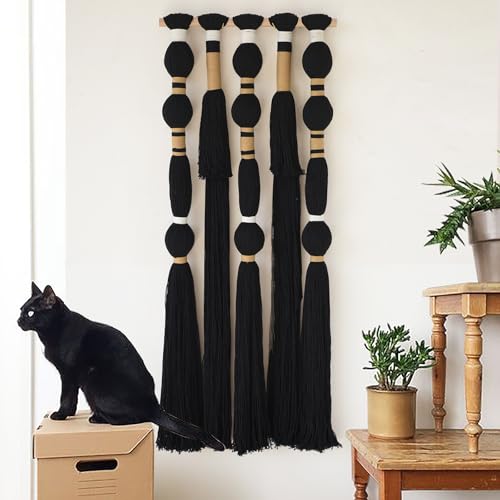 Black Macrame Wall Hanging - Geometric Boho Cotton Tapestry (15.7" x 39")