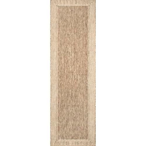 nuLOOM 2x8 Outdoor/Indoor Asha Area Rug, Light Brown, Casual Design With Striped Border, Stain Resistant, Highly Durable, For Patio, Balcony, Bedroom, Living Room, Dining Room, Bathroom