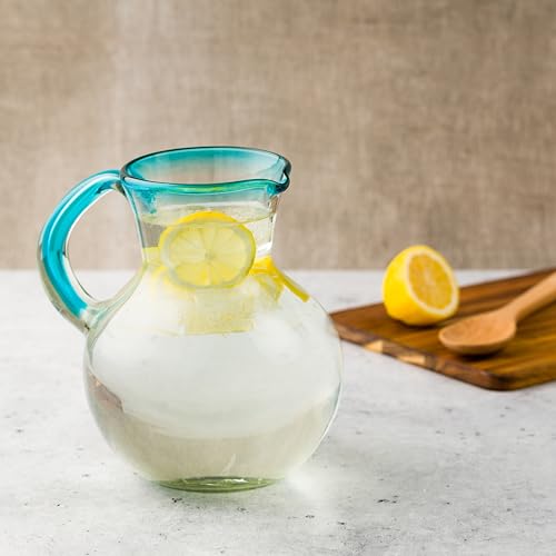 Handblown Mexican Glass Pitcher with Aqua Rim - Eco-Friendly Recycled Cola Bottle