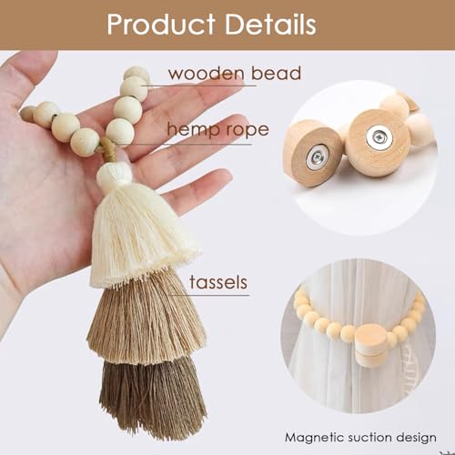 Handmade Boho Magnetic Curtain Tiebacks with Wood Beads, 2 Pack