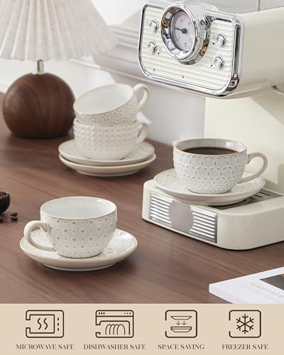 MALACASA 6 oz Cappuccino Cups & Saucers Set - Embossed Latte Mug Set of 4