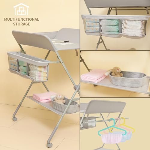 Portable Baby Changing Table with Wheels, 4-Level Height Adjustable Station
