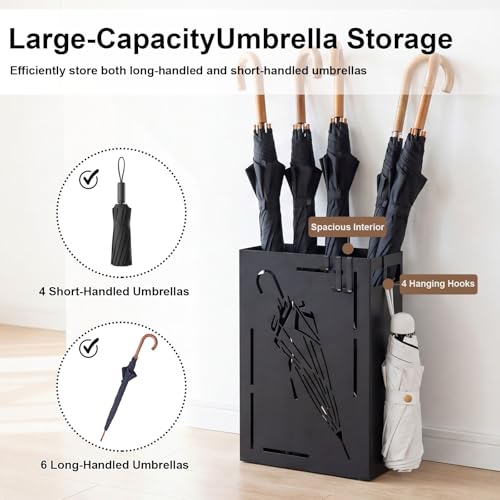 Metal Umbrella Stand with Drip Tray and 4 Hooks, Rectangular Entryway Holder