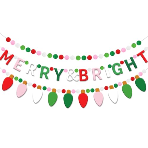 3-Piece Christmas Felt Garland Set with Pompoms, Lights & 'Merry & Bright' Banner