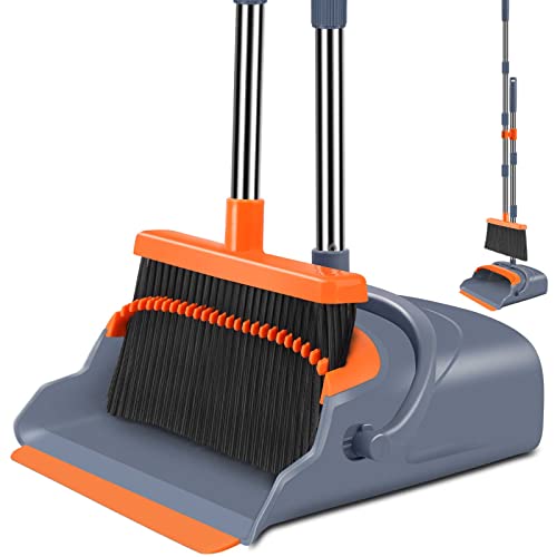 Kelamayi Upgraded Broom and Dustpan Set with Long Handle and Self-Cleaning Teeth