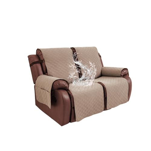 Waterproof Light Brown Loveseat Recliner Cover with Pockets