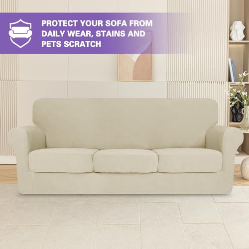 4 Piece Stretch Sofa Covers for 3 Cushion Couch, Khaki