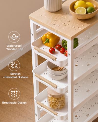 5-Tier Slim Rolling Storage Cart with Wood Top and Pull-Out Baskets