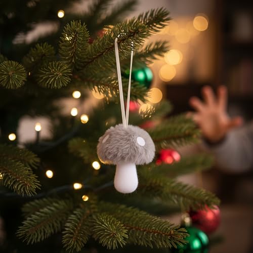 XMIAOX Grey Mini Mushroom Decor 2-Pack Fuzzy Plush Hanging Ornaments for Home, Car & Christmas