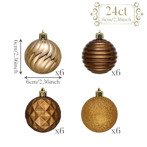 24ct Shatterproof Christmas Ornament Set 2.36 Inch Bronze Gold Hanging Balls