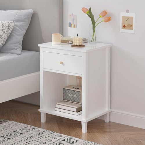Extrasleep Kids Nightstand with Storage Drawer - White, 27"H Toddler Bedside Table for Boys & Girls, Modern End Table with Shelf
