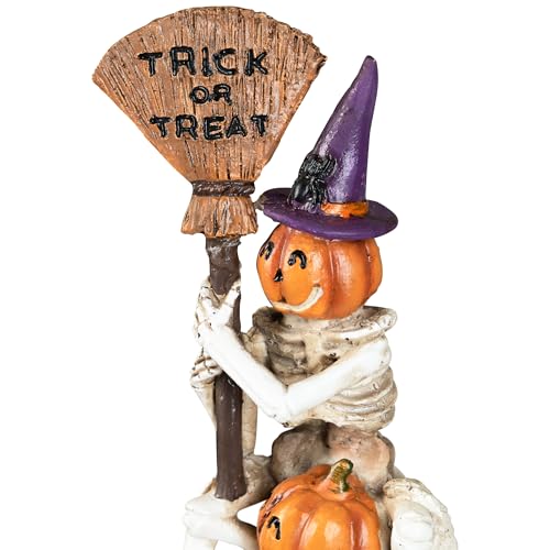 Stacked Jack-O'-Lantern Skeleton Halloween Decor with Trick or Treat Sign - 12.5"