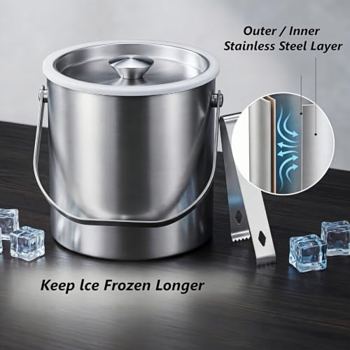 3L Stainless Steel Insulated Ice Bucket with Lid & Tongs for Home Bar