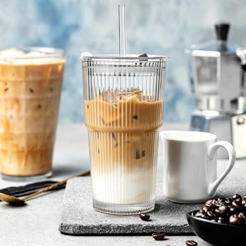20 oz Ribbed Glass Tumblers with Lids and Straws, 4-Pack Iced Coffee Cups