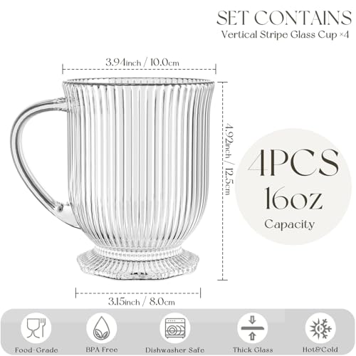 KEMORELA 16oz Ribbed Glass Coffee Mugs Set - Large Handle, No Spoons, 4 Pack