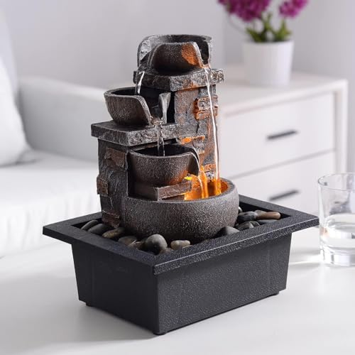 4-Tier Tabletop Indoor Water Fountain - Resin Rock Waterfall Decor
