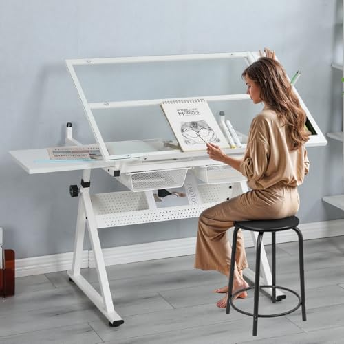 Height Adjustable Drafting Table with Stool, Tilting Glass Art Desk