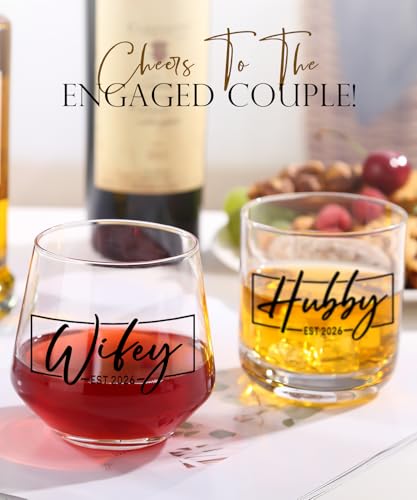 Wifey and Hubby Stemless Wine and Whiskey Glass Set for Couples