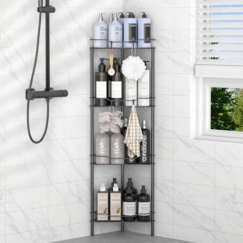 4 Tier Floor Standing Corner Shower Caddy Organizer Shelf with Hooks Black