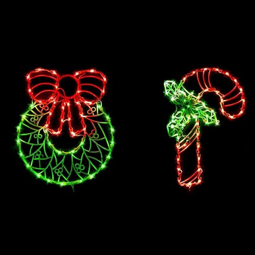 GMFINE 2-Pack Christmas Window Silhouette Lights: Wreath & Candy Cane, Plug-In Indoor/Outdoor