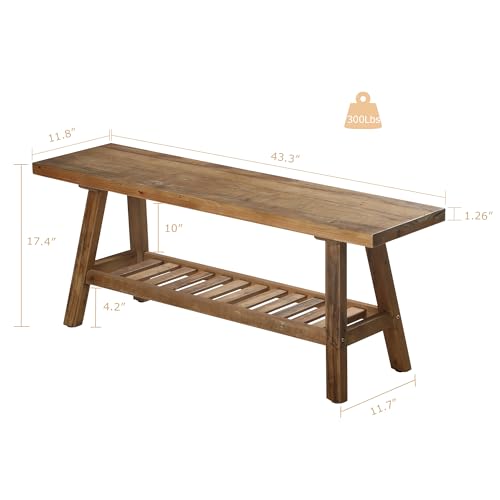 43.3-Inch Reclaimed Solid Wood Entryway Bench with Storage Shelf