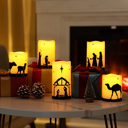 Flameless Nativity Scene LED Pillar Candles with Remote & Timer - 5 Pack
