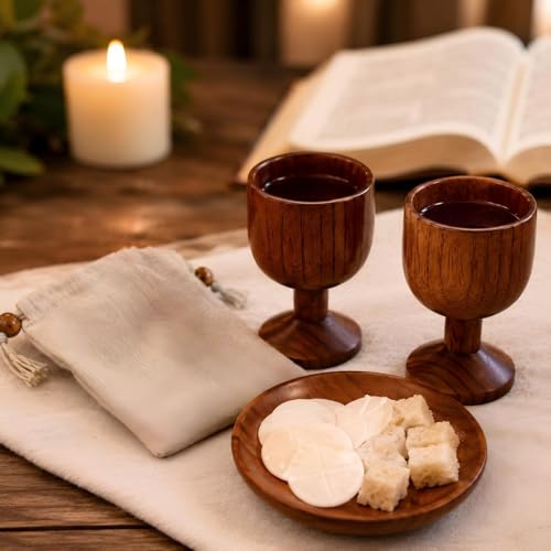 Wooden Communion Wedding Set with 2 Chalice Goblets, Wafer Tray & Linen Bag