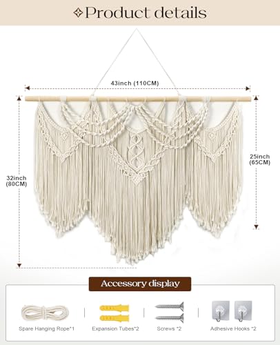 Large Macrame Wall Hanging 43x32 - Boho Woven Cotton Tapestry Art