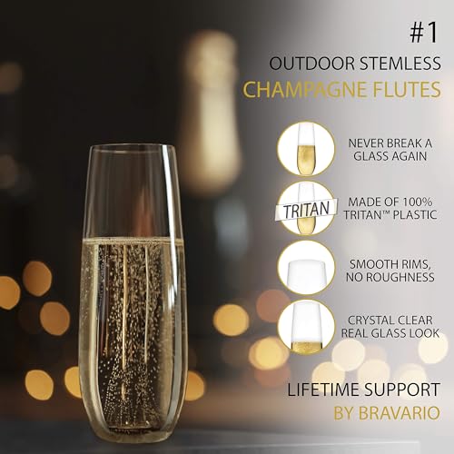 Bravario Heavy Duty Unbreakable Stemless Champagne Flutes Set of 8, 8.5 oz BPA-Free Tritan Glasses