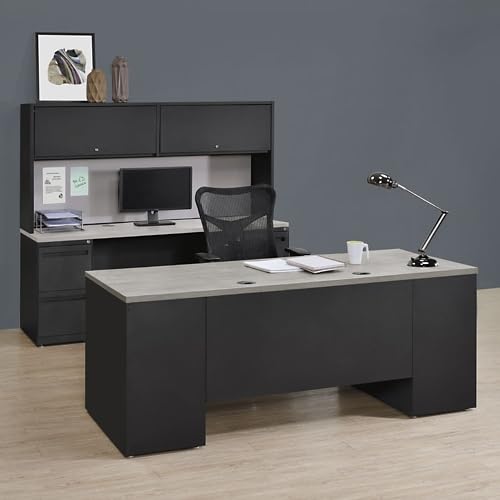 Office Desk Hutch with Integrated Tack Board and Shelving, Gray