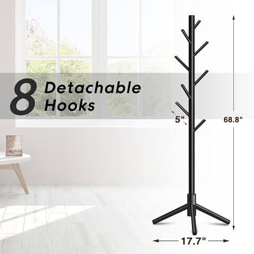 8-Hook Freestanding Coat Rack, Adjustable Height Solid Wood Coat Tree