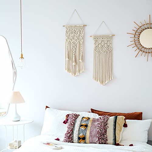 Boho Macrame Wall Hanging Set of 2 - Hand-Woven Ivory Cotton Tapestry Decor