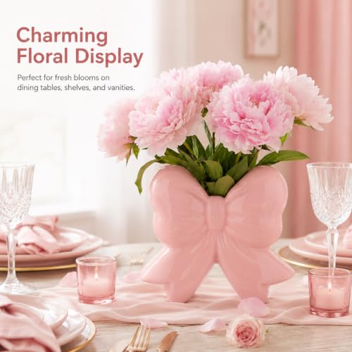 Pink Ceramic Bow Vase & Makeup Brush Holder - Small Vanity Desk Organizer