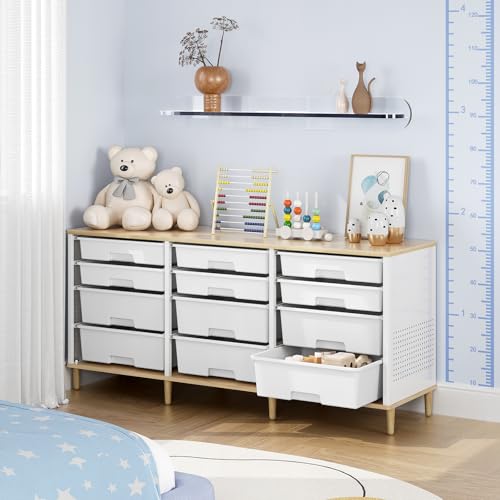 12-Drawer Storage Cabinet with Wooden Top and Rolling Bins, White