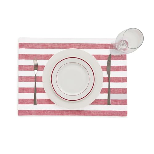 Solino Home Red & White 14x19 Inch Linen Placemats Set of 4 - Sorrento Stripe