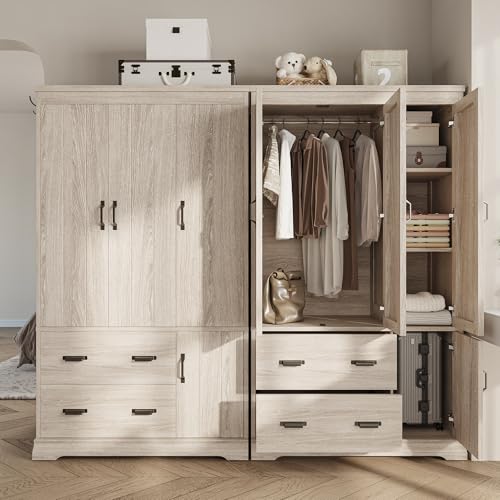 Freestanding Bedroom Wardrobe Closet with Drawers and Hanging Rod, Light Oak