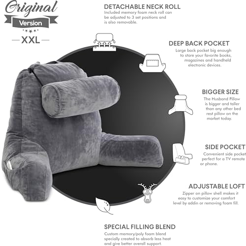 XXL Backrest Pillow for Adults - 30" Firm Support Bed Rest Pillow with Neck Roll - Dark Grey